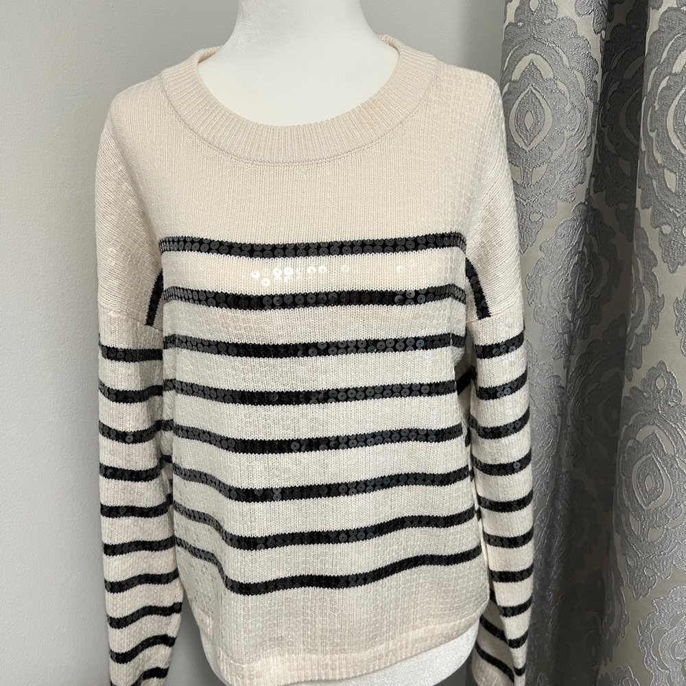 LOFT Shimmery Striped Cream and Black Sweater